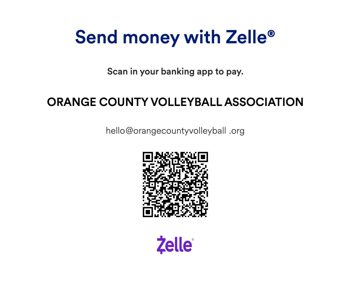 Zelle QR code for Orange County Volleyball Association - scan in your banking app to donate